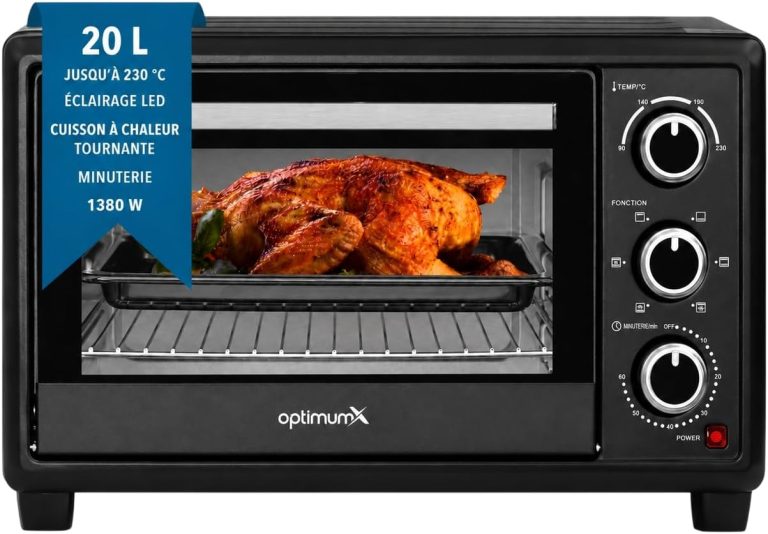 OptimumX Mini Four Électrique 20L, Four Compact à Chaleur Tournante, 1380W, 6 Fonctions de Cuisson, Noir