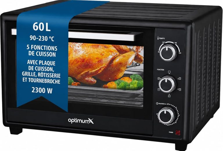 OptimumX Four Électrique 60L XXL à Chaleur Tournante, 2200W, Tournebroche, Lumière Intérieure, 40-230°C, Noir