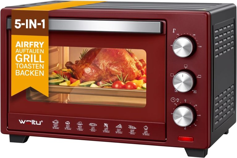 WOLTU Mini Four 28 L, 100-230°C, Minuterie 0-60 min, 3 Modes de Cuisine, 1600 W, Plaque de Cuisson, Grille, Lèchefrite, pour Cuire Rôtir Décongeler Réchauffer, Noir+Rouge